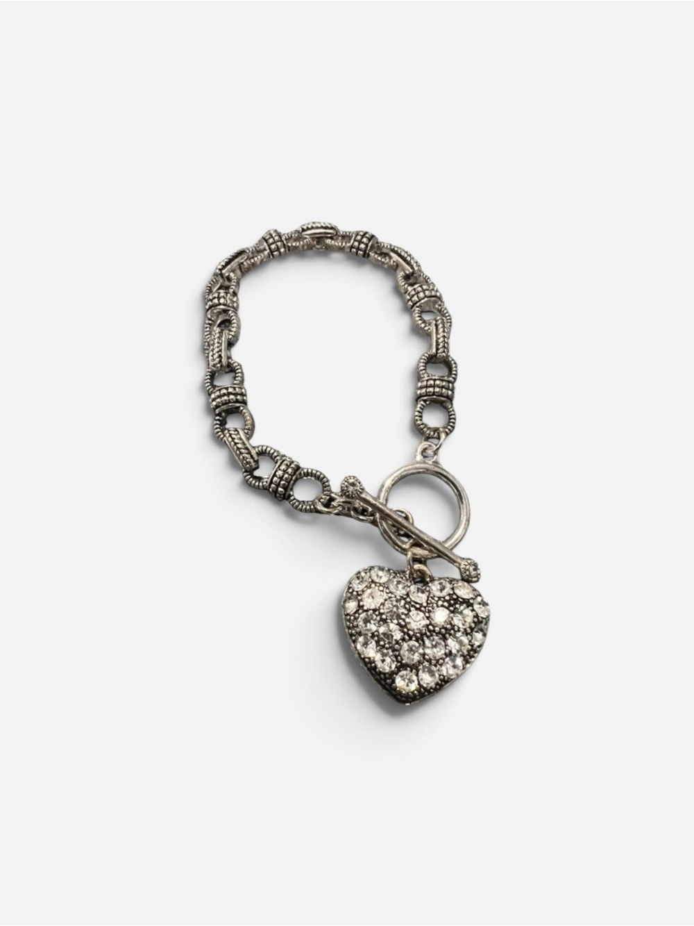 Vintage Silver Crystal Pave Puffy Heart Toggle Charm Bracelet 7 Inches